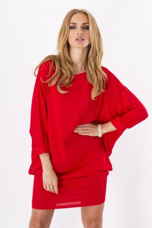 Womens Mini Dress Batwing Boat Neck Long Sleeve Tunic Shift Dress Red-M